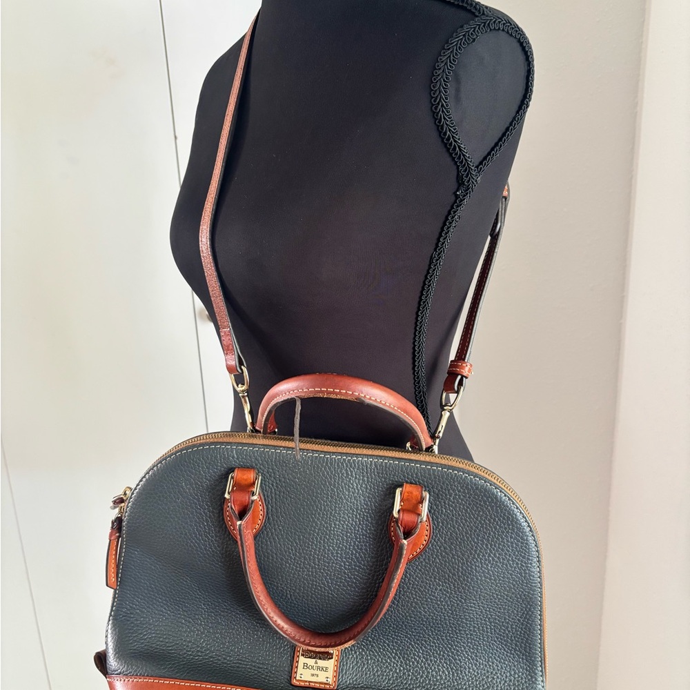 Dooney & Bourke Black Pebbled Leather Satchel with Brown Trim